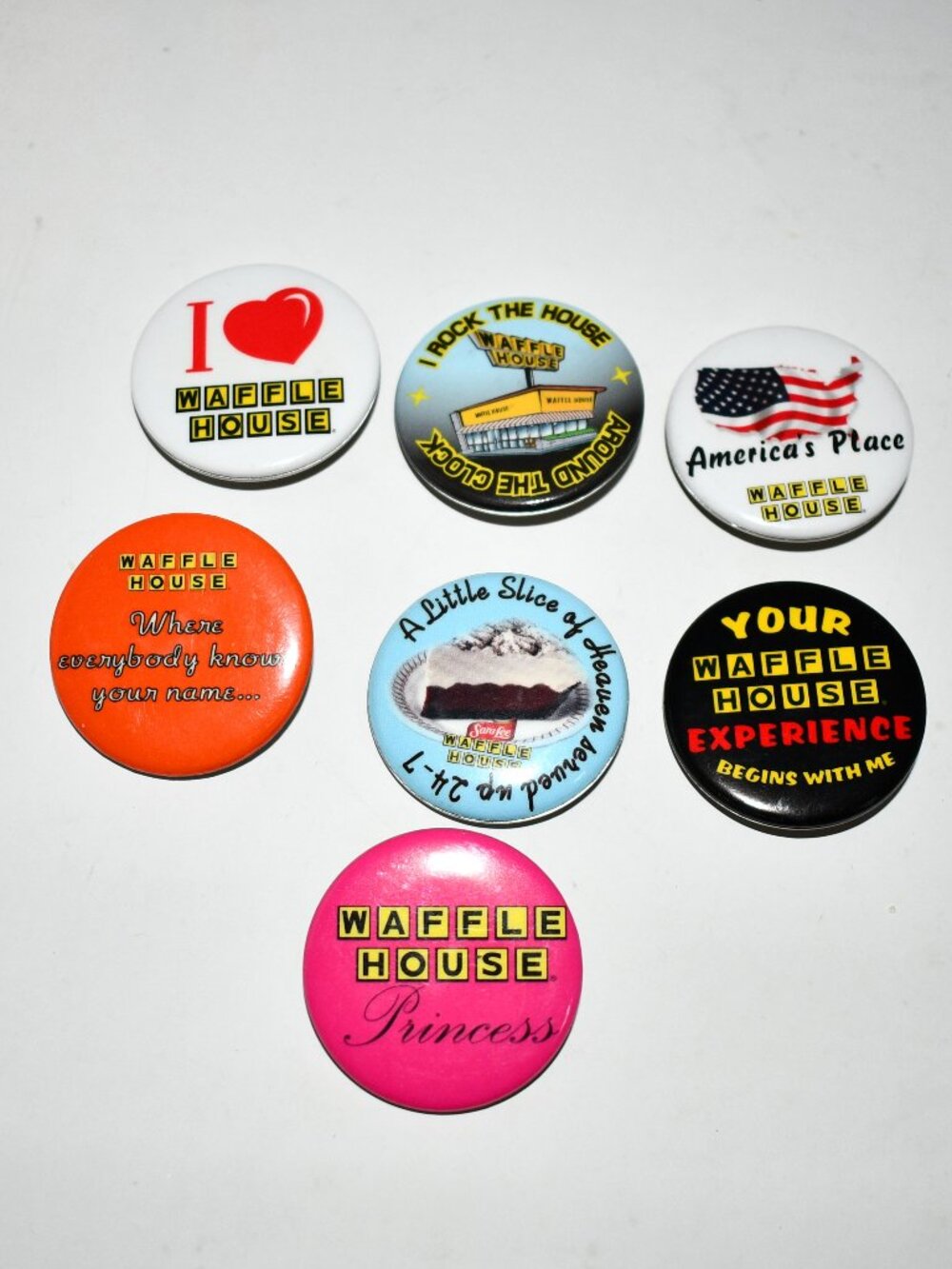 Waffle House 1.5" Pinback Buttons Lot of 7 Vintage Restaurant Employee Pins Desc